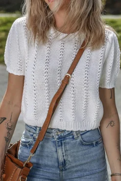 Fashion Dear-Lover Pointelle Knit Short Puff Sleeve Crewneck Sweater White