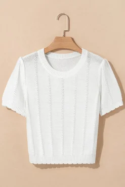 Fashion Dear-Lover Pointelle Knit Short Puff Sleeve Crewneck Sweater White