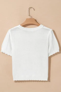 Fashion Dear-Lover Pointelle Knit Short Puff Sleeve Crewneck Sweater White