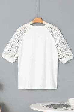 Best Dear-Lover Pointelle Lace Half Sleeve Crew Neck Tee White