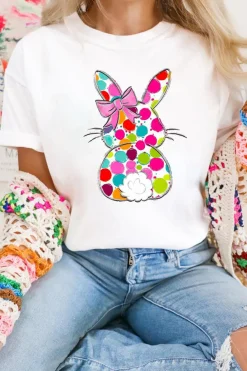 New Dear-Lover Polka Dot Bow Rabbit Graphic Crewneck Easter Fashion Tee White