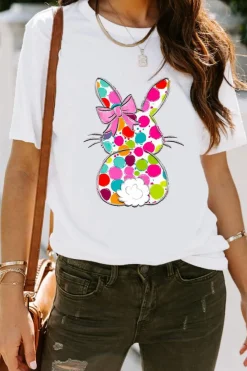 New Dear-Lover Polka Dot Bow Rabbit Graphic Crewneck Easter Fashion Tee White