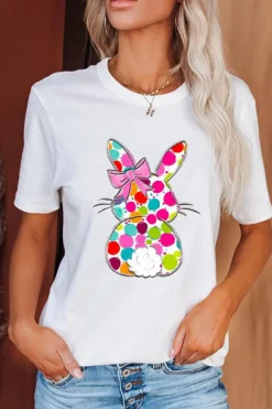 New Dear-Lover Polka Dot Bow Rabbit Graphic Crewneck Easter Fashion Tee White