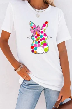 New Dear-Lover Polka Dot Bow Rabbit Graphic Crewneck Easter Fashion Tee White