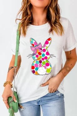 New Dear-Lover Polka Dot Bow Rabbit Graphic Crewneck Easter Fashion Tee White