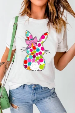 New Dear-Lover Polka Dot Bow Rabbit Graphic Crewneck Easter Fashion Tee White