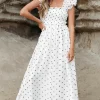 Sale Dear-Lover Polka Dot Flutter Sleeve Square Neck Smocked Maxi Dress White