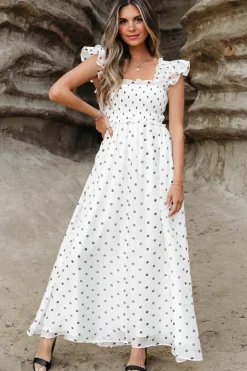Sale Dear-Lover Polka Dot Flutter Sleeve Square Neck Smocked Maxi Dress White