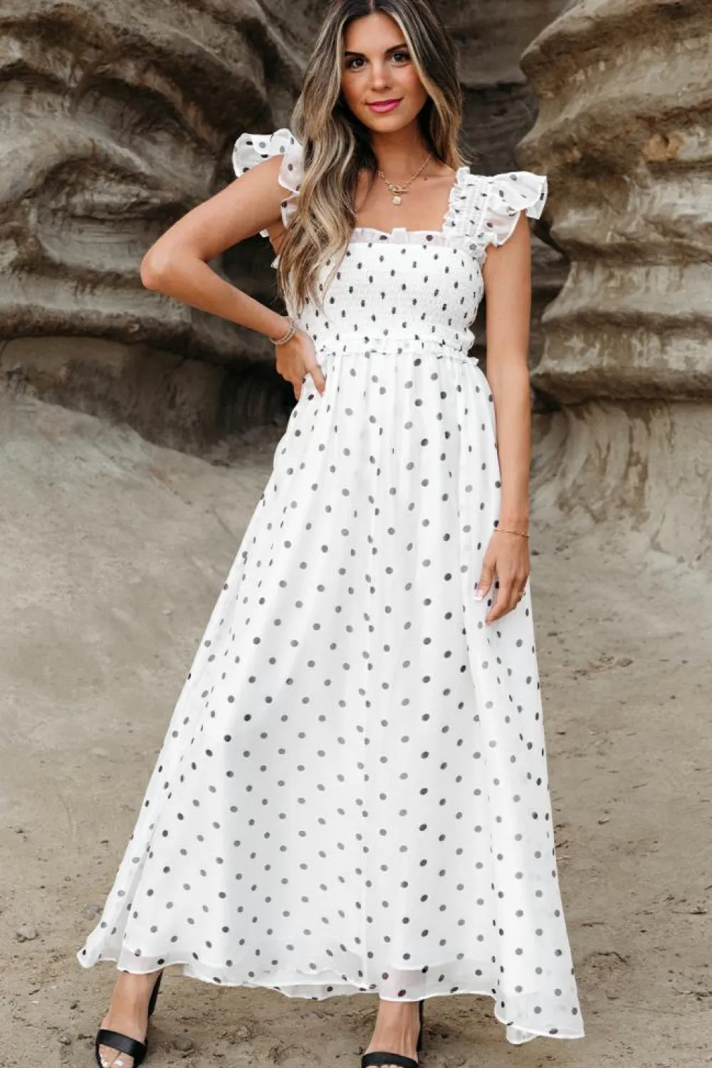 Sale Dear-Lover Polka Dot Flutter Sleeve Square Neck Smocked Maxi Dress White