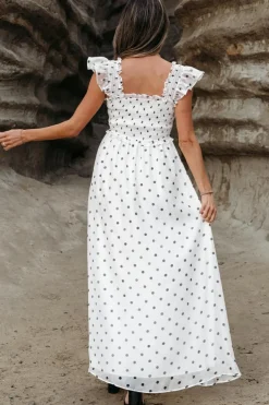 Sale Dear-Lover Polka Dot Flutter Sleeve Square Neck Smocked Maxi Dress White