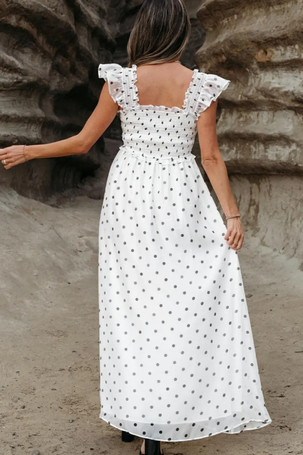 Sale Dear-Lover Polka Dot Flutter Sleeve Square Neck Smocked Maxi Dress White