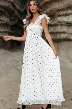 Sale Dear-Lover Polka Dot Flutter Sleeve Square Neck Smocked Maxi Dress White