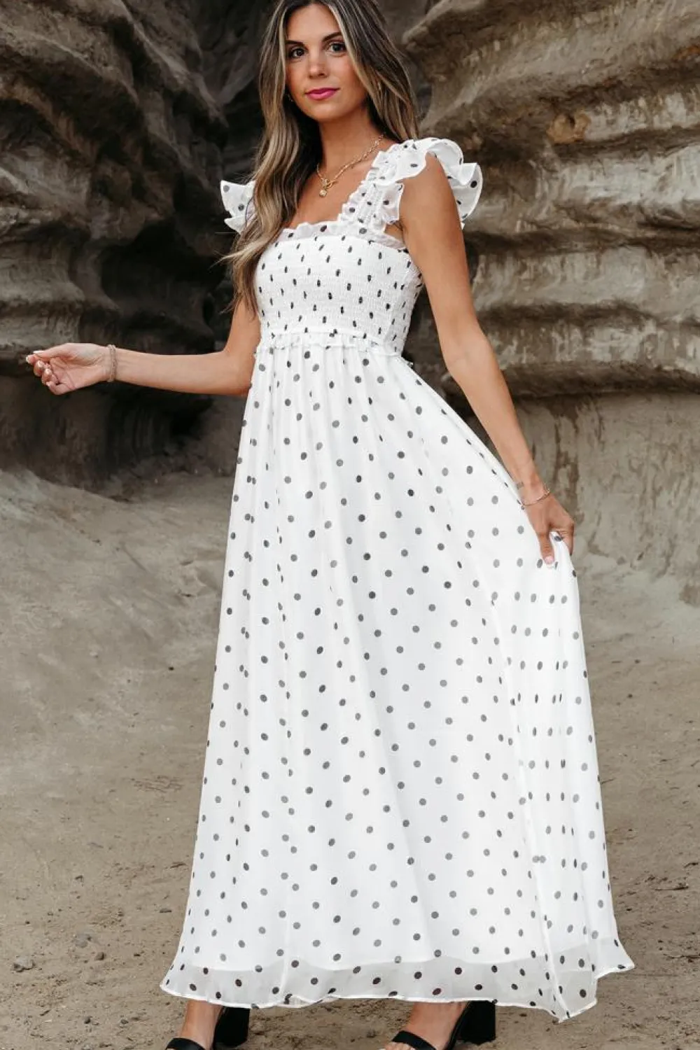 Sale Dear-Lover Polka Dot Flutter Sleeve Square Neck Smocked Maxi Dress White