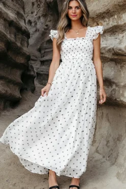 Sale Dear-Lover Polka Dot Flutter Sleeve Square Neck Smocked Maxi Dress White