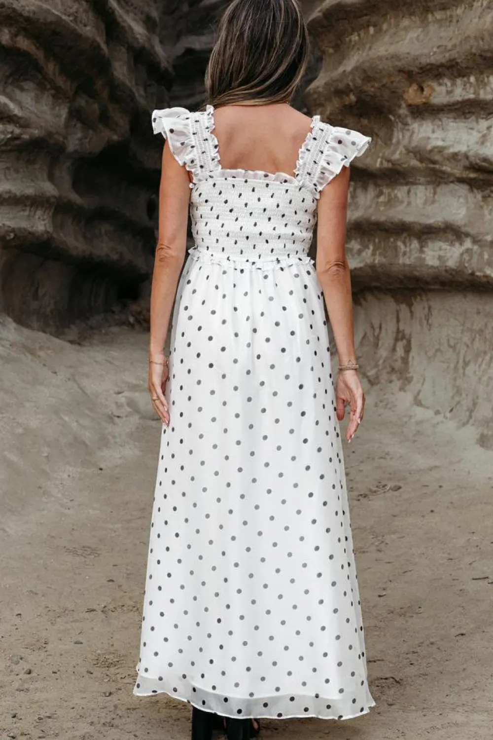 Sale Dear-Lover Polka Dot Flutter Sleeve Square Neck Smocked Maxi Dress White