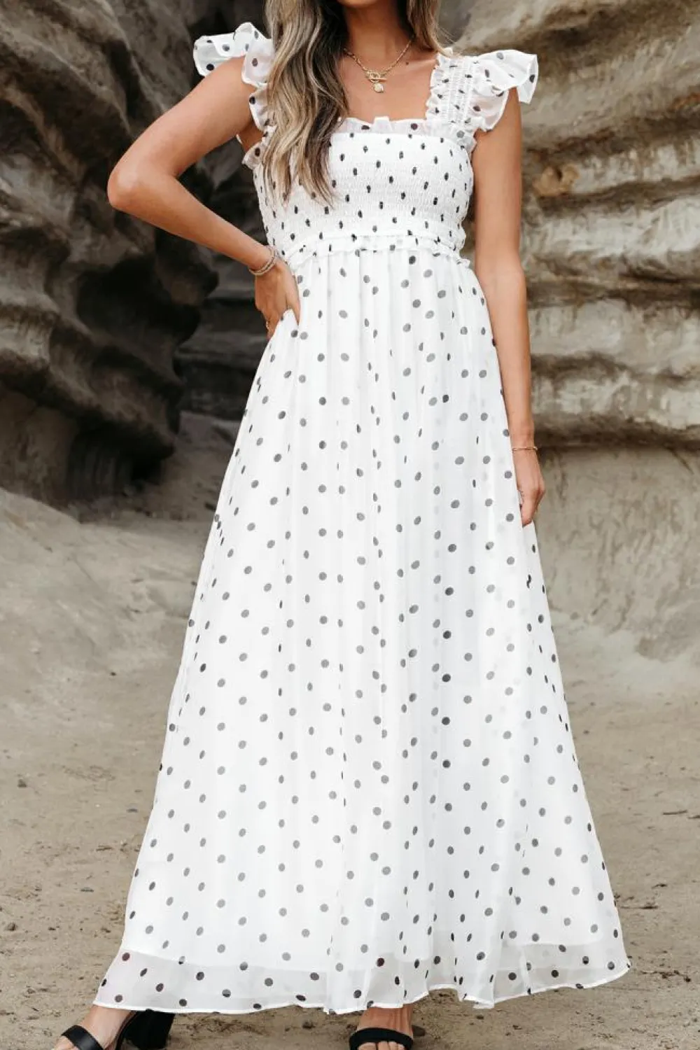 Sale Dear-Lover Polka Dot Flutter Sleeve Square Neck Smocked Maxi Dress White
