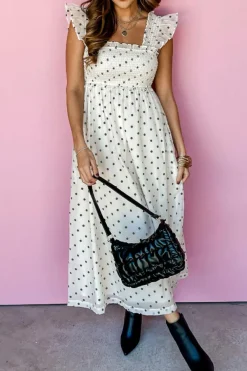 Sale Dear-Lover Polka Dot Flutter Sleeve Square Neck Smocked Maxi Dress White