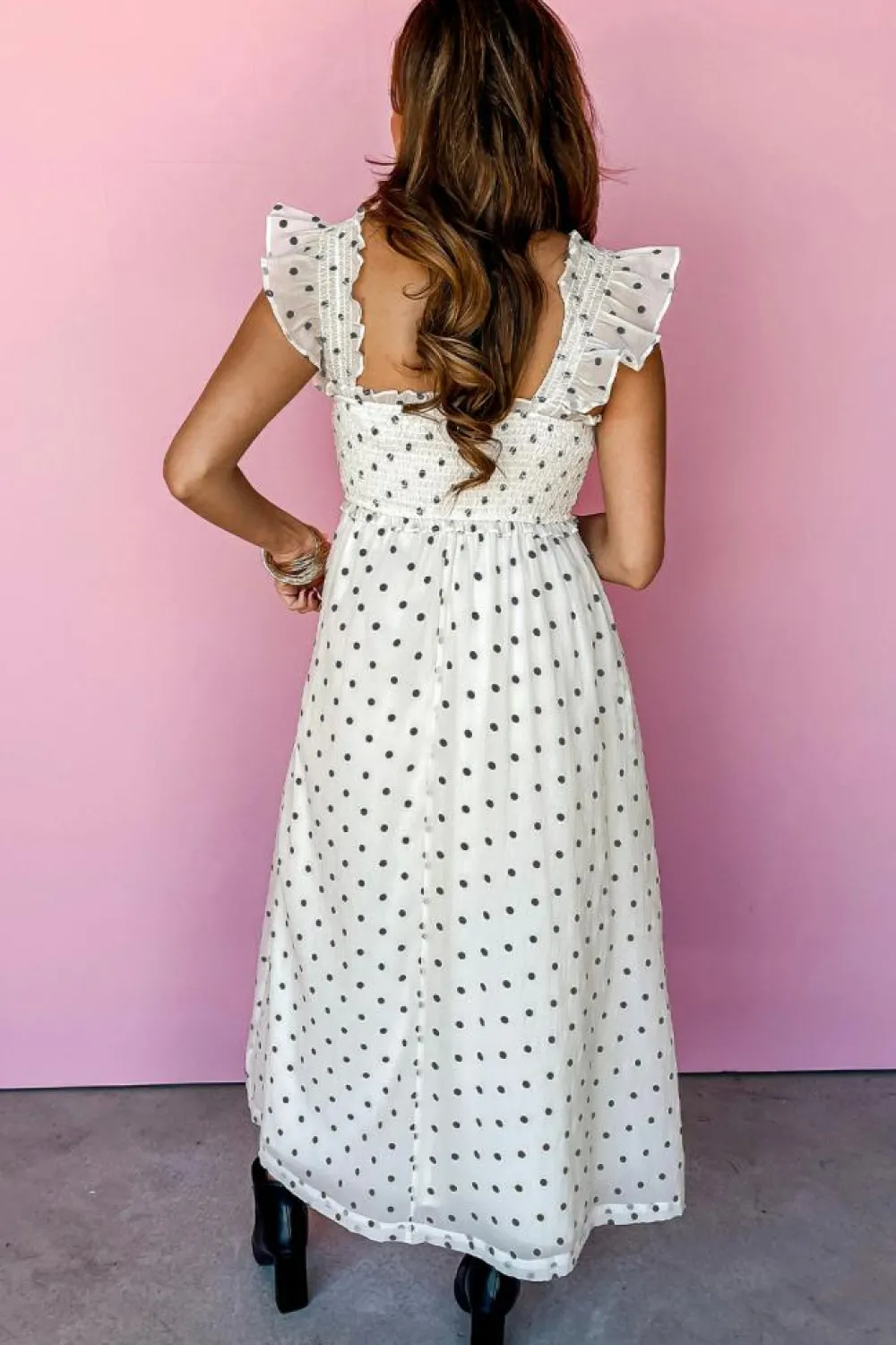 Sale Dear-Lover Polka Dot Flutter Sleeve Square Neck Smocked Maxi Dress White