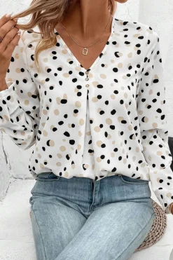Hot Dear-Lover Polka Dot Print Button Front V Neck Blouse White