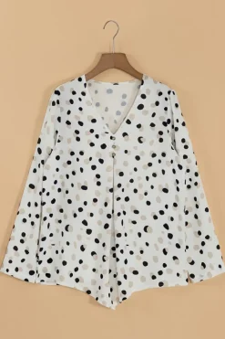 Hot Dear-Lover Polka Dot Print Button Front V Neck Blouse White