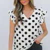 Discount Dear-Lover Polka Dot Print Ruffled Sleeve V Neck Blouse White