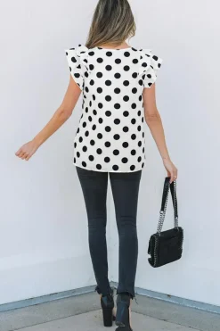 Discount Dear-Lover Polka Dot Print Ruffled Sleeve V Neck Blouse White