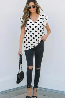 Discount Dear-Lover Polka Dot Print Ruffled Sleeve V Neck Blouse White