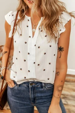 Best Dear-Lover Polka Dot Print Ruffled Shoulder V Neck Tank Top White