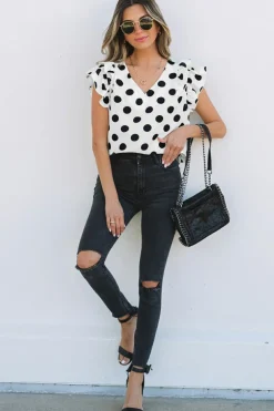 Discount Dear-Lover Polka Dot Print Ruffled Sleeve V Neck Blouse White