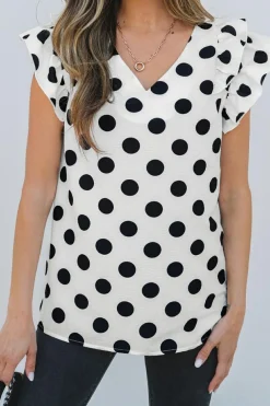 Discount Dear-Lover Polka Dot Print Ruffled Sleeve V Neck Blouse White