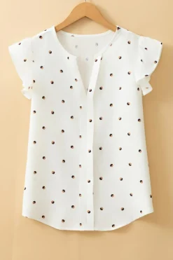 Best Dear-Lover Polka Dot Print Ruffled Shoulder V Neck Tank Top White