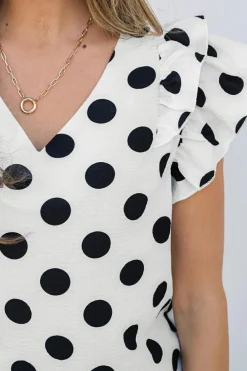Discount Dear-Lover Polka Dot Print Ruffled Sleeve V Neck Blouse White