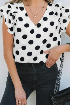 Discount Dear-Lover Polka Dot Print Ruffled Sleeve V Neck Blouse White