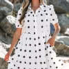 Clearance Dear-Lover Polka Dot Print Short Sleeve Collar Buttoned Tiered Babydoll Dress White