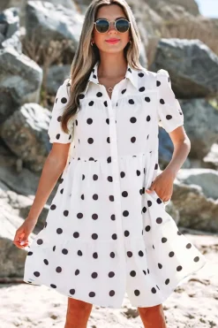 Clearance Dear-Lover Polka Dot Print Short Sleeve Collar Buttoned Tiered Babydoll Dress White
