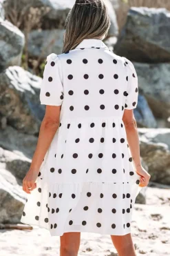 Clearance Dear-Lover Polka Dot Print Short Sleeve Collar Buttoned Tiered Babydoll Dress White