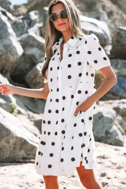 Clearance Dear-Lover Polka Dot Print Short Sleeve Collar Buttoned Tiered Babydoll Dress White