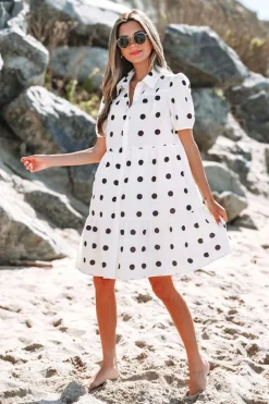 Clearance Dear-Lover Polka Dot Print Short Sleeve Collar Buttoned Tiered Babydoll Dress White