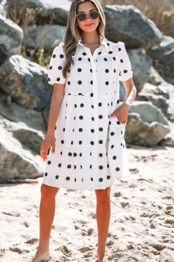 Clearance Dear-Lover Polka Dot Print Short Sleeve Collar Buttoned Tiered Babydoll Dress White