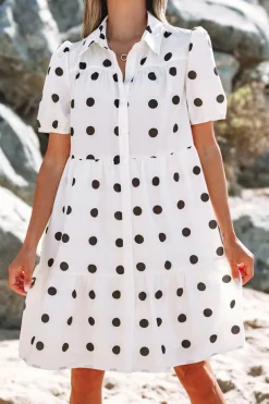 Clearance Dear-Lover Polka Dot Print Short Sleeve Collar Buttoned Tiered Babydoll Dress White