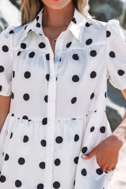 Clearance Dear-Lover Polka Dot Print Short Sleeve Collar Buttoned Tiered Babydoll Dress White