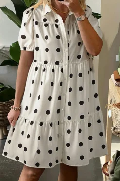 Clearance Dear-Lover Polka Dot Print Short Sleeve Collar Buttoned Tiered Babydoll Dress White