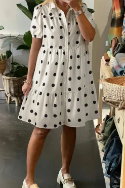 Clearance Dear-Lover Polka Dot Print Short Sleeve Collar Buttoned Tiered Babydoll Dress White