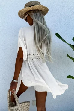 Fashion Dear-Lover Pom Pom Trim Drawstring Crochet Waist Beach Kimono White