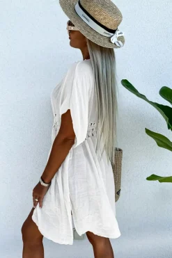 Fashion Dear-Lover Pom Pom Trim Drawstring Crochet Waist Beach Kimono White