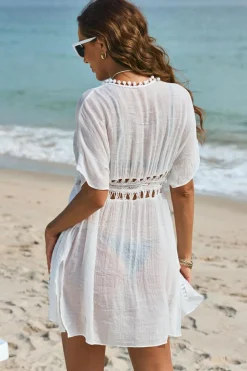 Fashion Dear-Lover Pom Pom Trim Drawstring Crochet Waist Beach Kimono White