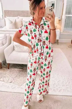 Online Dear-Lover Christmas Pattern Buttoned Two Piece Sleepwear White Printed