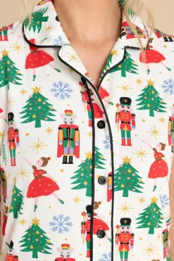 Online Dear-Lover Christmas Pattern Buttoned Two Piece Sleepwear White Printed