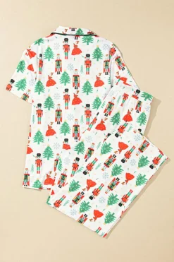Online Dear-Lover Christmas Pattern Buttoned Two Piece Sleepwear White Printed