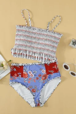 Discount Dear-Lover Printed Smocked High waisted swimsuits White